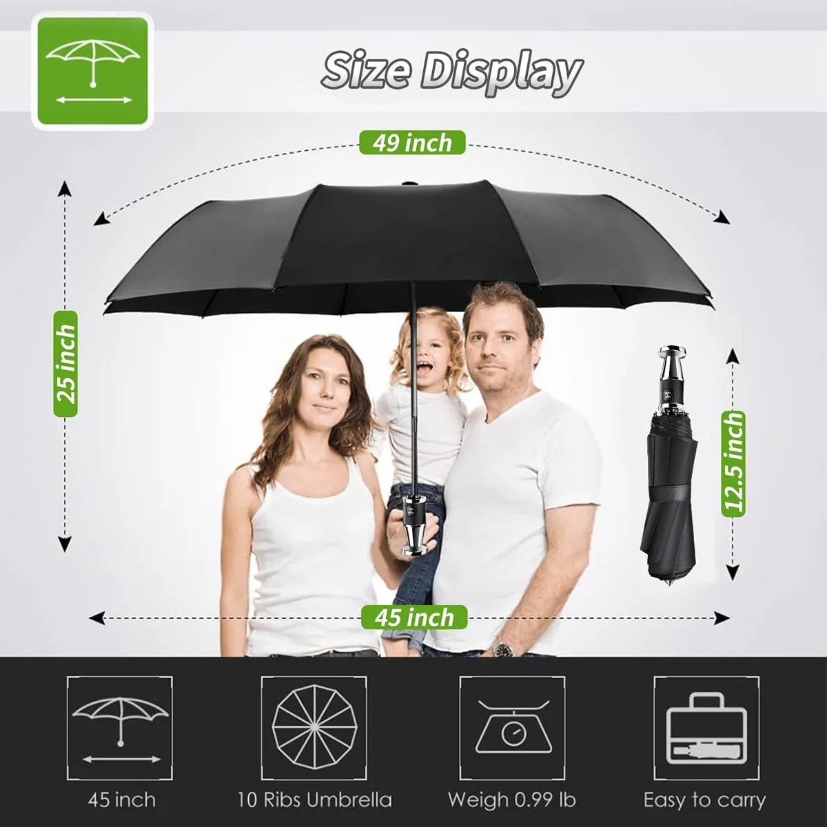 Umbrella for All Cars, 10 Ribs Umbrella Windproof Automatic Folding Umbrella, One-handed use, Rain and Sun Protection, Car Accessories AC13993