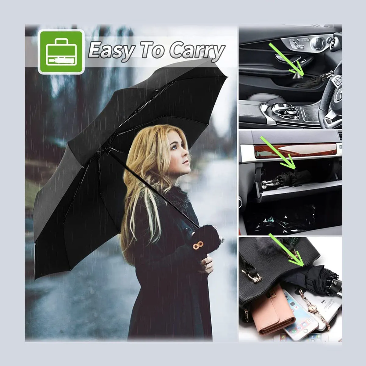 Umbrella for All Cars, 10 Ribs Umbrella Windproof Automatic Folding Umbrella, One-handed use, Rain and Sun Protection, Car Accessories AC13993