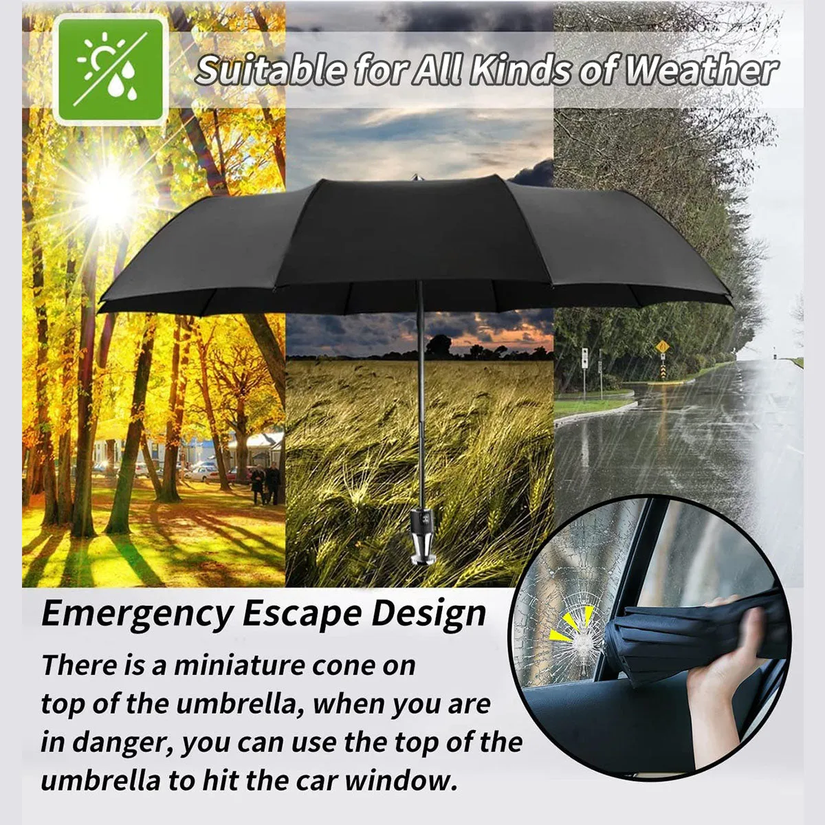Umbrella for All Cars, 10 Ribs Umbrella Windproof Automatic Folding Umbrella, One-handed use, Rain and Sun Protection, Car Accessories AC13993
