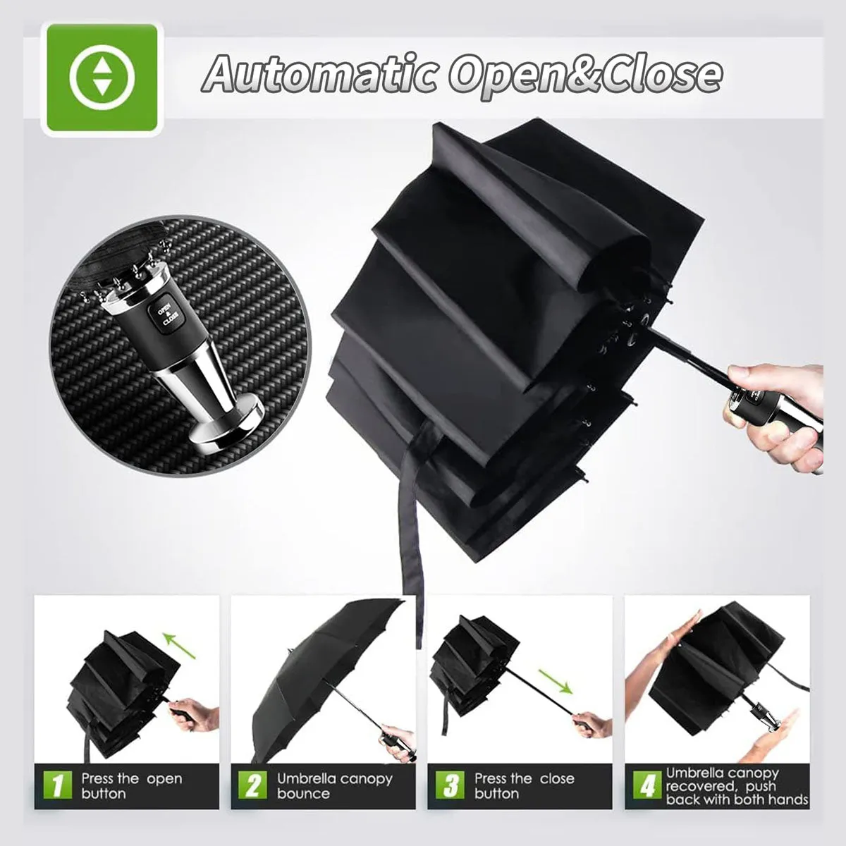 Umbrella for All Cars, 10 Ribs Umbrella Windproof Automatic Folding Umbrella, One-handed use, Rain and Sun Protection, Car Accessories AC13993
