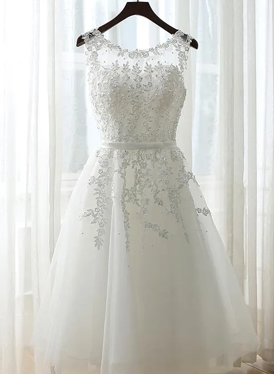 White Graduation Dresses, Round Neckline Tea Length Party Dress, Cute Formal Dress