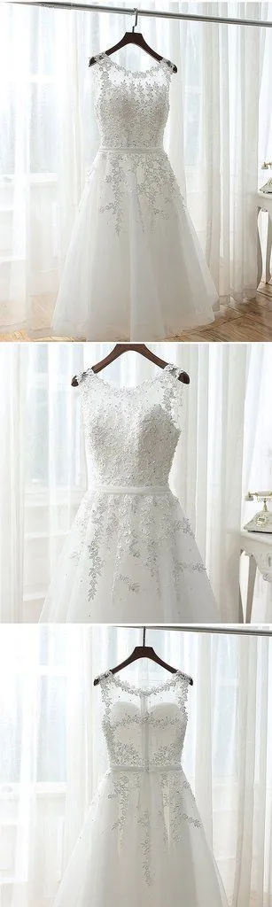 White Graduation Dresses, Round Neckline Tea Length Party Dress, Cute Formal Dress