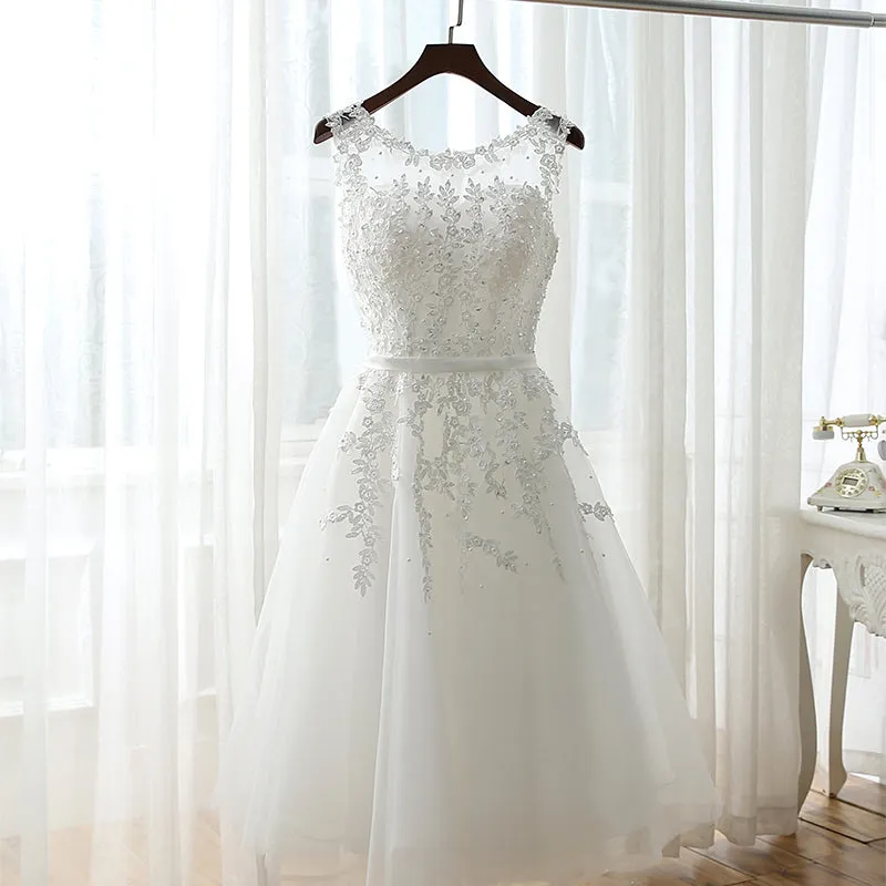 White Graduation Dresses, Round Neckline Tea Length Party Dress, Cute Formal Dress