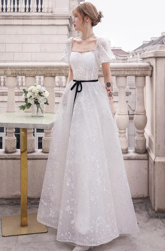 White Lace A-line Short Sleeves Princess Gown Prom Dress, Lace Wedding Party Dresses