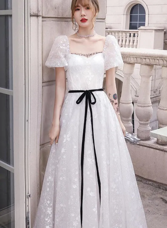 White Lace A-line Short Sleeves Princess Gown Prom Dress, Lace Wedding Party Dresses