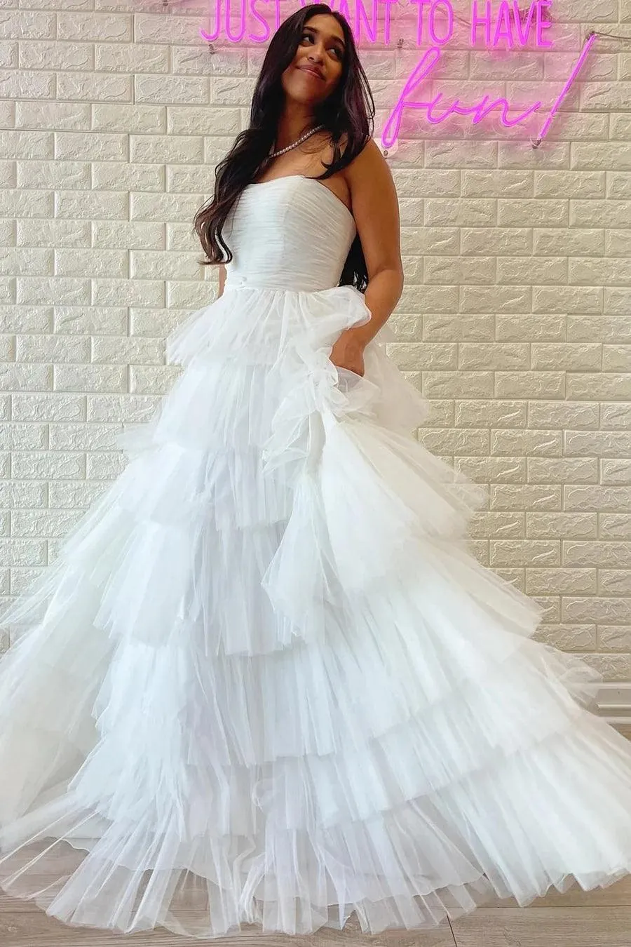 White Strapless Tiered A-Line Long Prom Evening Dress With Ruffles TP1204