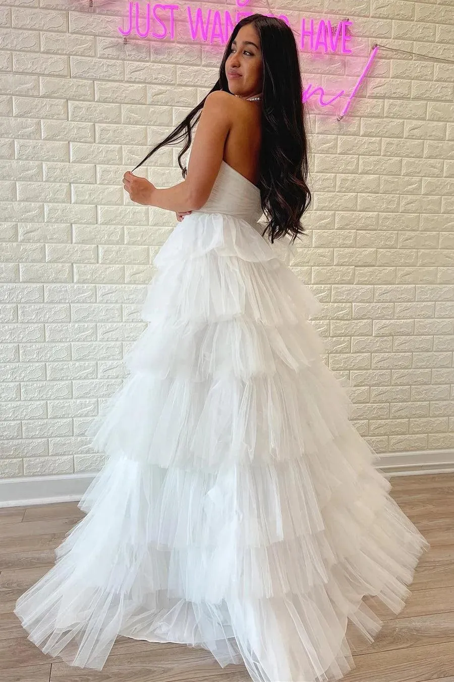 White Strapless Tiered A-Line Long Prom Evening Dress With Ruffles TP1204