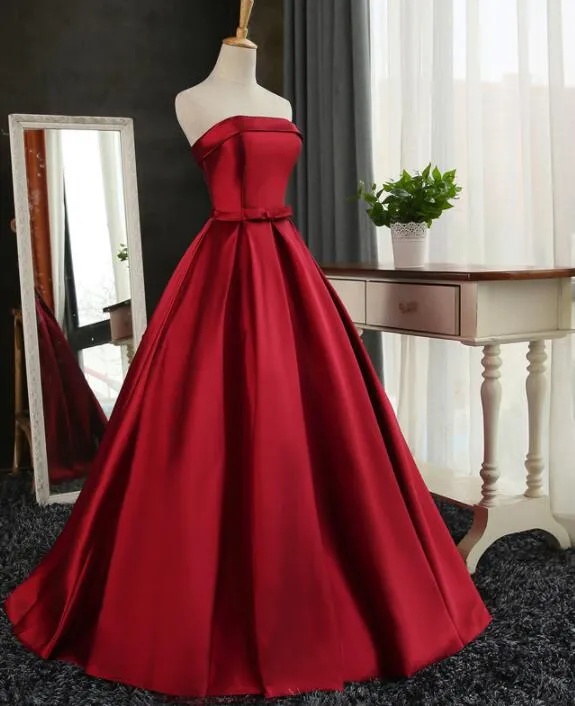 Wine Red Satin Long Party Gowns, Wine Red Formal Gowns, Junior Prom Dress