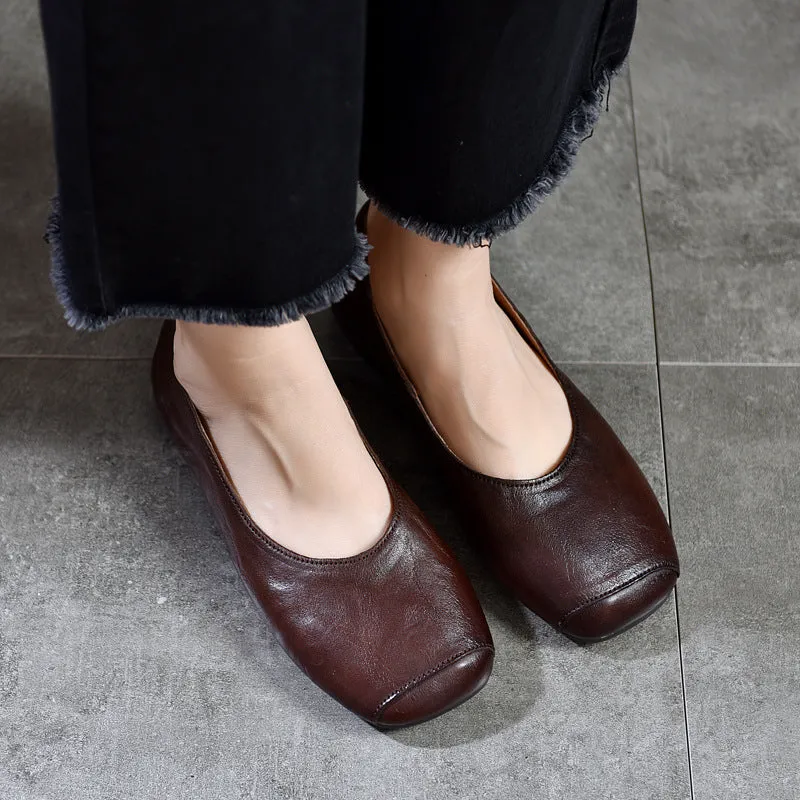 Women Retro Comfortable Square Toe Cowhide Flat Shoes Loafers