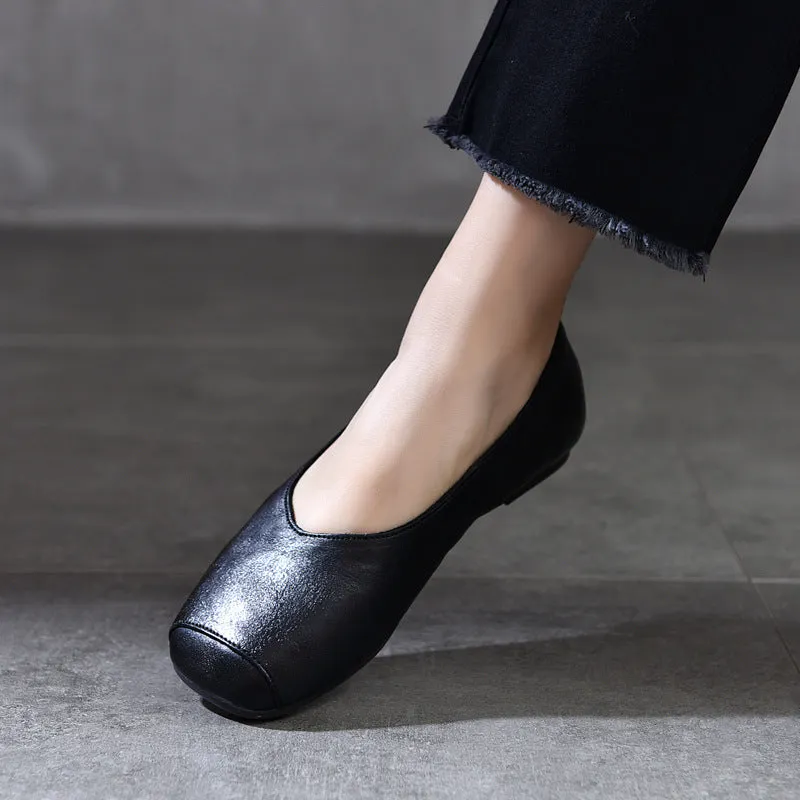 Women Retro Comfortable Square Toe Cowhide Flat Shoes Loafers