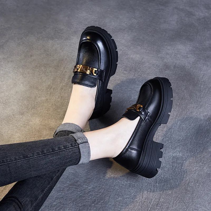 Women Stylish Metal Buckle Leather Thick Soled Loafers