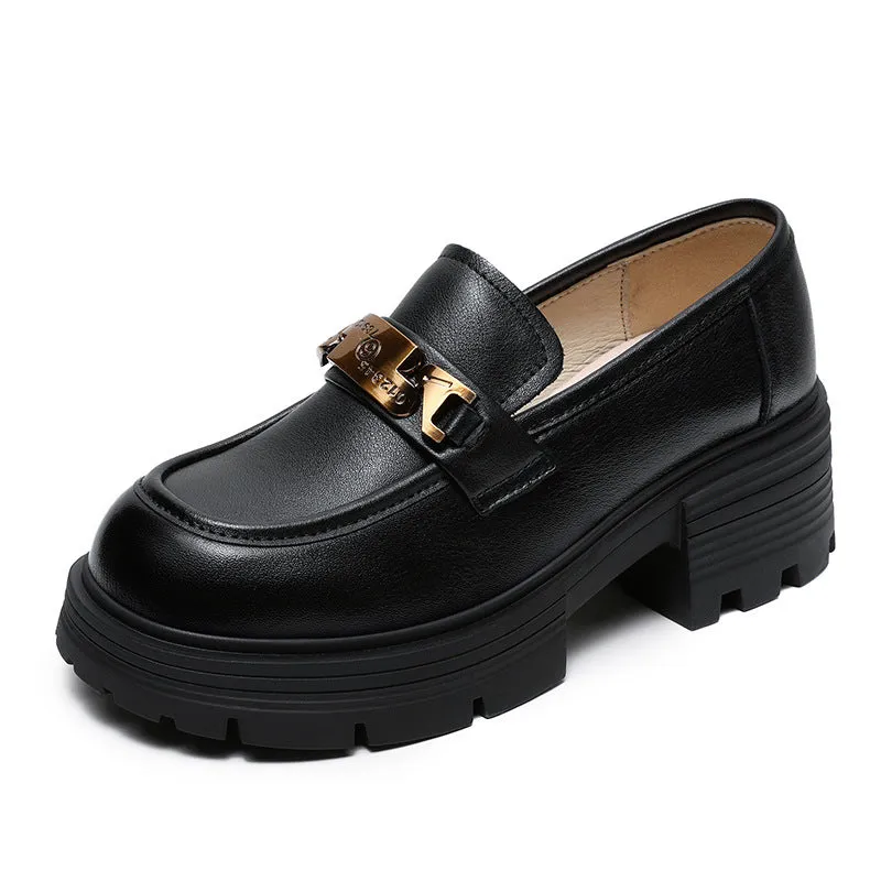 Women Stylish Metal Buckle Leather Thick Soled Loafers