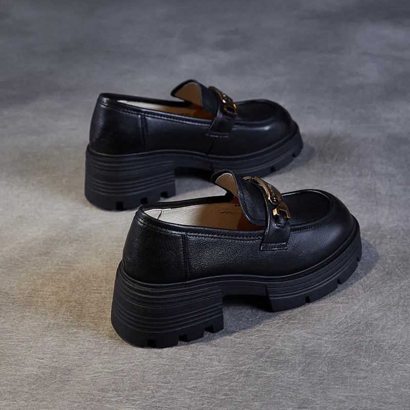 Women Stylish Metal Buckle Leather Thick Soled Loafers