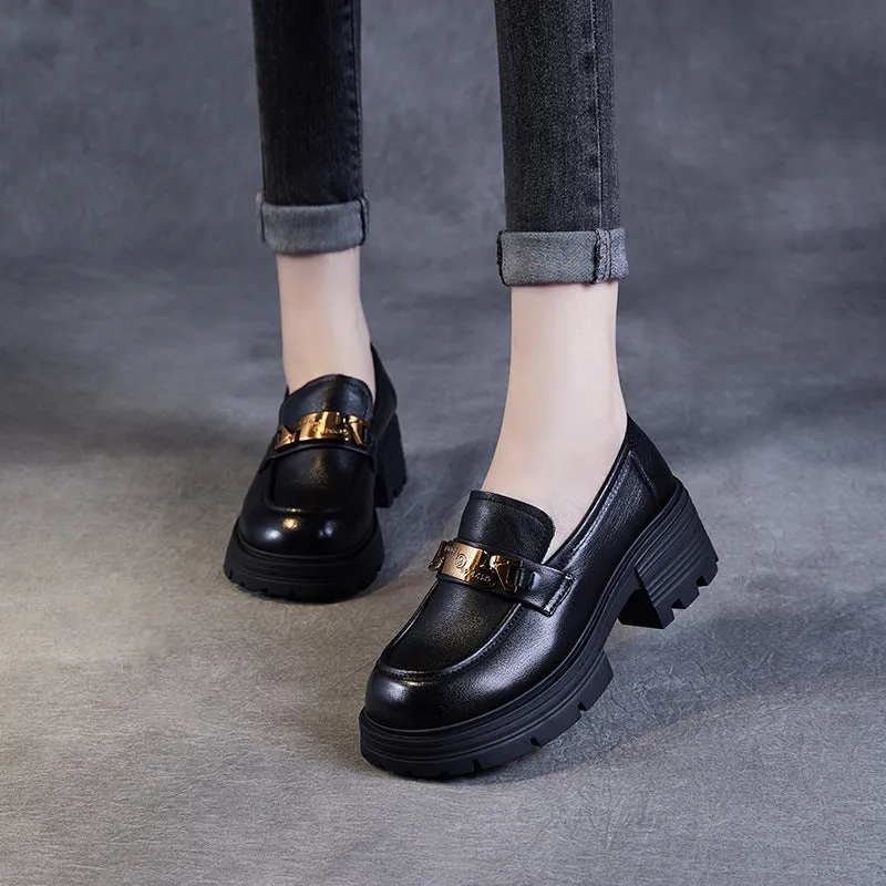 Women Stylish Metal Buckle Leather Thick Soled Loafers