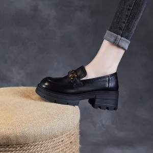Women Stylish Metal Buckle Leather Thick Soled Loafers