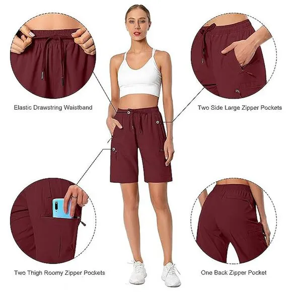 Women's Lightweight Hiking Cargo Shorts Quick Dry Athletic Shorts , Maroon