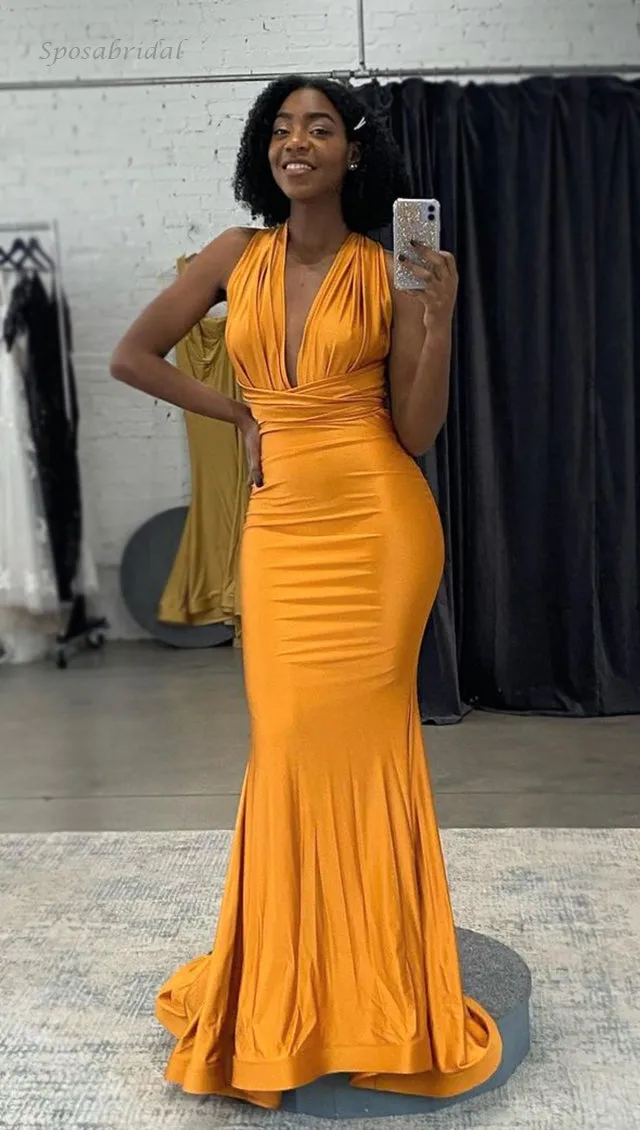 Yellow Halter Sexy Formal Mermaid Long Pleats Long Bridesmaid Dress, BD3237
